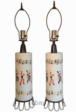SCARCE LE CLAIRE VINT SGND LYN HND PNTD PRCLN TABLE LAMPS, WithMARCHING BAND THEME