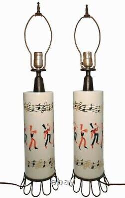 SCARCE LE CLAIRE VINT SGND LYN HND PNTD PRCLN TABLE LAMPS, WithMARCHING BAND THEME