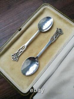 SIBYL DUNLOP rare pair 1925 of signed, silver Arts and Crafts spoons- wonderful