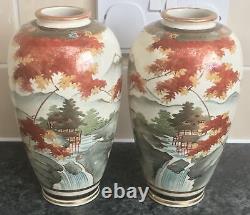 SIGNED MIRROR PAIR antique SHIMAZU SATSUMA MT FUJI PAGODA WATERFALL scenes VASES