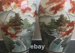 SIGNED MIRROR PAIR antique SHIMAZU SATSUMA MT FUJI PAGODA WATERFALL scenes VASES