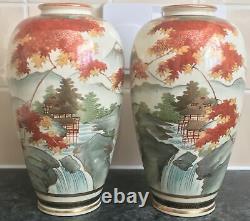 SIGNED MIRROR PAIR antique SHIMAZU SATSUMA MT FUJI PAGODA WATERFALL scenes VASES