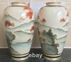 SIGNED MIRROR PAIR antique SHIMAZU SATSUMA MT FUJI PAGODA WATERFALL scenes VASES