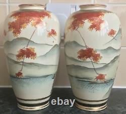 SIGNED MIRROR PAIR antique SHIMAZU SATSUMA MT FUJI PAGODA WATERFALL scenes VASES