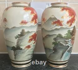 SIGNED MIRROR PAIR antique SHIMAZU SATSUMA MT FUJI PAGODA WATERFALL scenes VASES