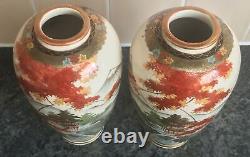 SIGNED MIRROR PAIR antique SHIMAZU SATSUMA MT FUJI PAGODA WATERFALL scenes VASES