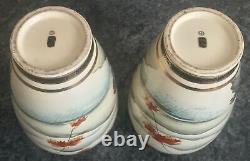 SIGNED MIRROR PAIR antique SHIMAZU SATSUMA MT FUJI PAGODA WATERFALL scenes VASES