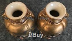 SIGNED PAIR of antique SATSUMA pottery 1000 FACES IMMORTALS & DRAGON VASES