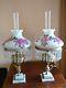 Signed Pair Vintage Antique Victorian Style Red Roses Gwtw Hurricane Lamps 28