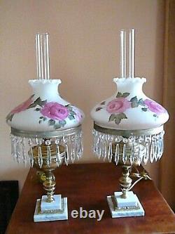 SIGNED Pair Vintage Antique Victorian Style Red Roses GWTW Hurricane Lamps 28