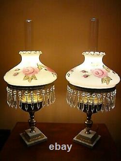 SIGNED Pair Vintage Antique Victorian Style Red Roses GWTW Hurricane Lamps 28