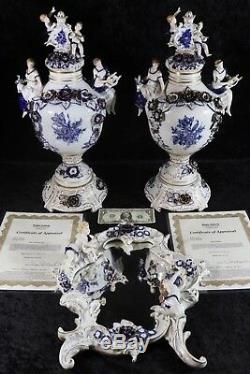 SIGNED pair of German DRESDEN Porcelain Palace Urns Vases & matching Wall Mirror