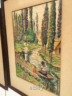 SWEET Pair Old Vintage Mexican Folk Art Watercolor Paintings Signed LISTED