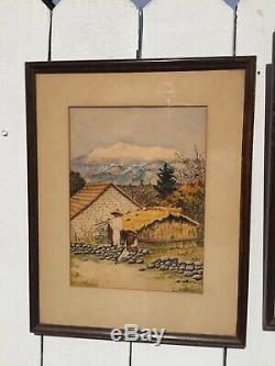 SWEET Pair Old Vintage Mexican Folk Art Watercolor Paintings Signed LISTED