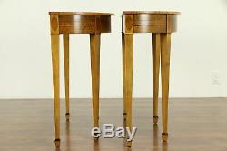 Satinwood Inlaid Pair of Half Round Demilune Console Tables, Signed Baker #32399