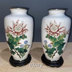 Sato Chrysanthemum Cloisonné Vases Signed Pair Vintage Enamel Japanese