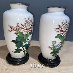 Sato Chrysanthemum Cloisonné Vases Signed Pair Vintage Enamel Japanese