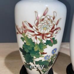 Sato Chrysanthemum Cloisonné Vases Signed Pair Vintage Enamel Japanese