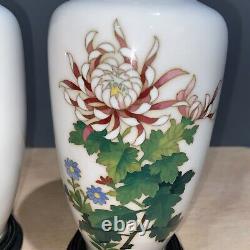 Sato Chrysanthemum Cloisonné Vases Signed Pair Vintage Enamel Japanese