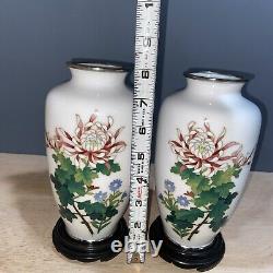 Sato Chrysanthemum Cloisonné Vases Signed Pair Vintage Enamel Japanese