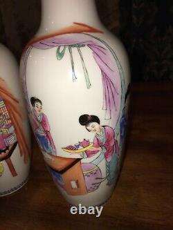 Set Of 2 CHINESE Mirror VASES PAIR Famille ROSE- 10 H Signed Marked EC