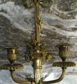 Set antique Wall sconces STERLING BRONZE 14K gold gilt Louis XVI bow fruit