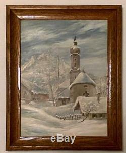 Set of 2 German Vintage Original Oils, Snowy Village in Winter-Painted Pair
