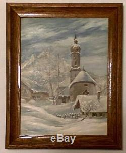 Set of 2 German Vintage Original Oils, Snowy Village in Winter-Painted Pair