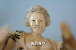 Signed 2 Piece Vintage Hand Carved Japanese Happy Couple Romantic Okimono Figure