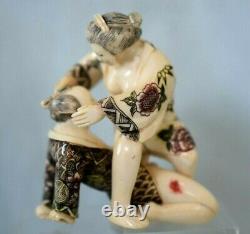 Signed 2 Piece Vintage Hand Carved Japanese Happy Couple Romantic Okimono Figure