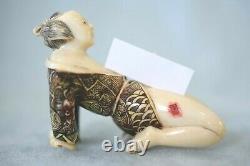 Signed 2 Piece Vintage Hand Carved Japanese Happy Couple Romantic Okimono Figure