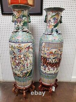 Signed 37in Pair Antique Qing Chinese Floor Vase Famille Rose Vase 19th Century