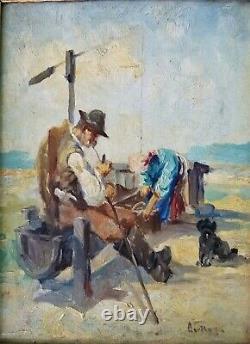 Signed Antique Oil Painting Couple Dog Working The Fields on Canvas Woman Man