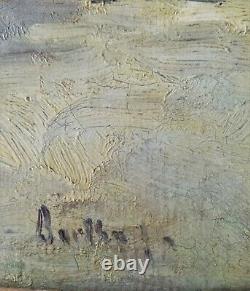Signed Antique Oil Painting Couple Dog Working The Fields on Canvas Woman Man
