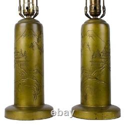 Signed Japanese Mt. Fuji Engraved Brass Lamps A Pair
