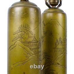 Signed Japanese Mt. Fuji Engraved Brass Lamps A Pair
