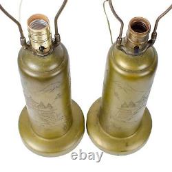 Signed Japanese Mt. Fuji Engraved Brass Lamps A Pair