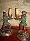 Signed Pair Art Nouveux Cold Painted Bronze Fratin Monkey Candlesticks