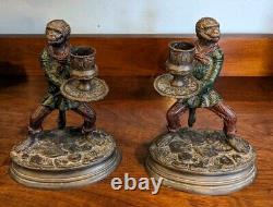 Signed PAIR Art Nouveux Cold Painted Bronze FRATIN MONKEY CANDLESTICKS