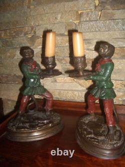 Signed PAIR Art Nouveux Cold Painted Bronze FRATIN MONKEY CANDLESTICKS