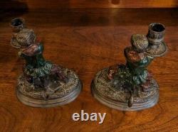 Signed PAIR Art Nouveux Cold Painted Bronze FRATIN MONKEY CANDLESTICKS