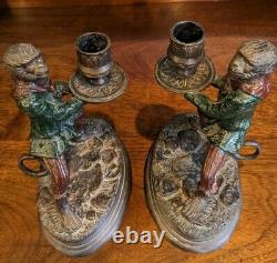 Signed PAIR Art Nouveux Cold Painted Bronze FRATIN MONKEY CANDLESTICKS