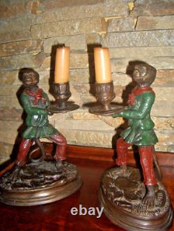 Signed PAIR Art Nouveux Cold Painted Bronze FRATIN MONKEY CANDLESTICKS