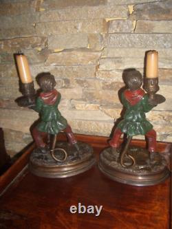 Signed PAIR Art Nouveux Cold Painted Bronze FRATIN MONKEY CANDLESTICKS