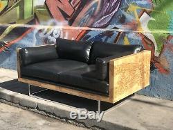 Signed PAIR OF Milo Baughman Sofa's Burl Wood & Black Leather Love Seats