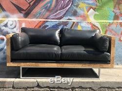 Signed PAIR OF Milo Baughman Sofa's Burl Wood & Black Leather Love Seats