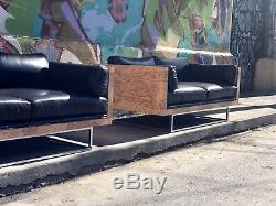 Signed PAIR OF Milo Baughman Sofa's Burl Wood & Black Leather Love Seats