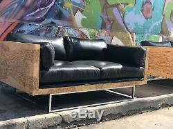 Signed PAIR OF Milo Baughman Sofa's Burl Wood & Black Leather Love Seats