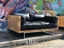 Signed PAIR OF Milo Baughman Sofa's Burl Wood & Black Leather Love Seats