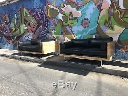 Signed PAIR OF Milo Baughman Sofa's Burl Wood & Black Leather Love Seats